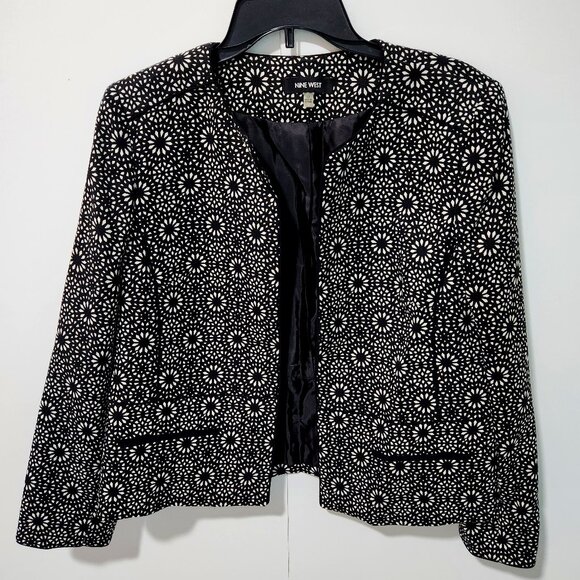 Nine West Collarless Open Front Black  White Long Sleeve Blazer Jacket- Size 12 - Picture 1 of 6